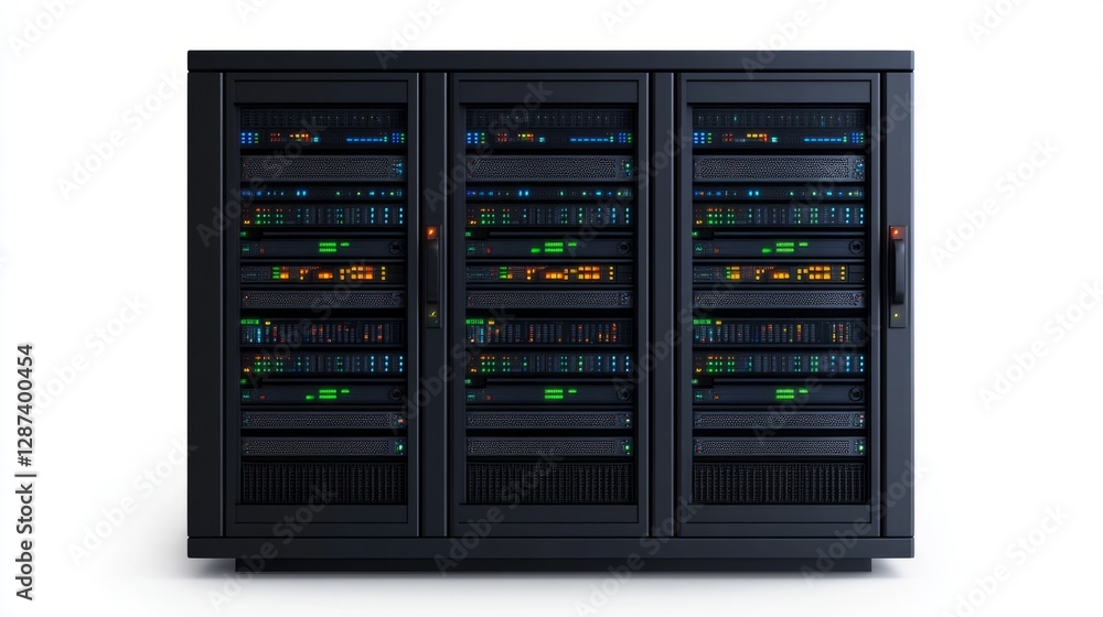 Poster illuminated server room panel with glowing led lights and high-tech circuitry, showcasing a secure d