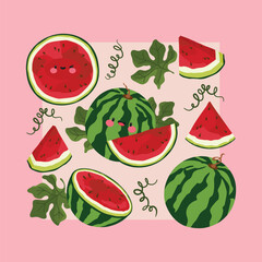 Illustration of a watermelon, showcasing its vibrant green rind and juicy red interior with black seeds.