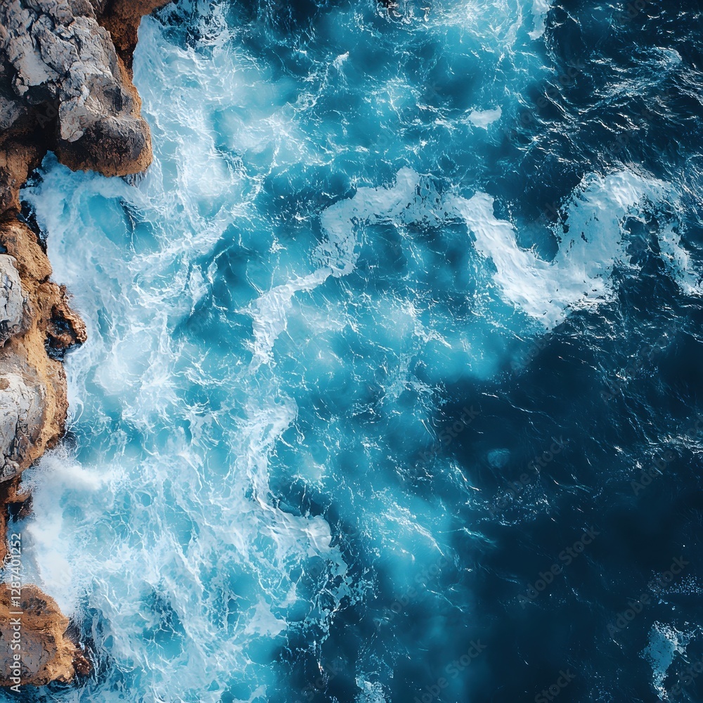Poster aerial view of turquoise ocean waves crashing against rocky cliff coast creating sea foam and abstra