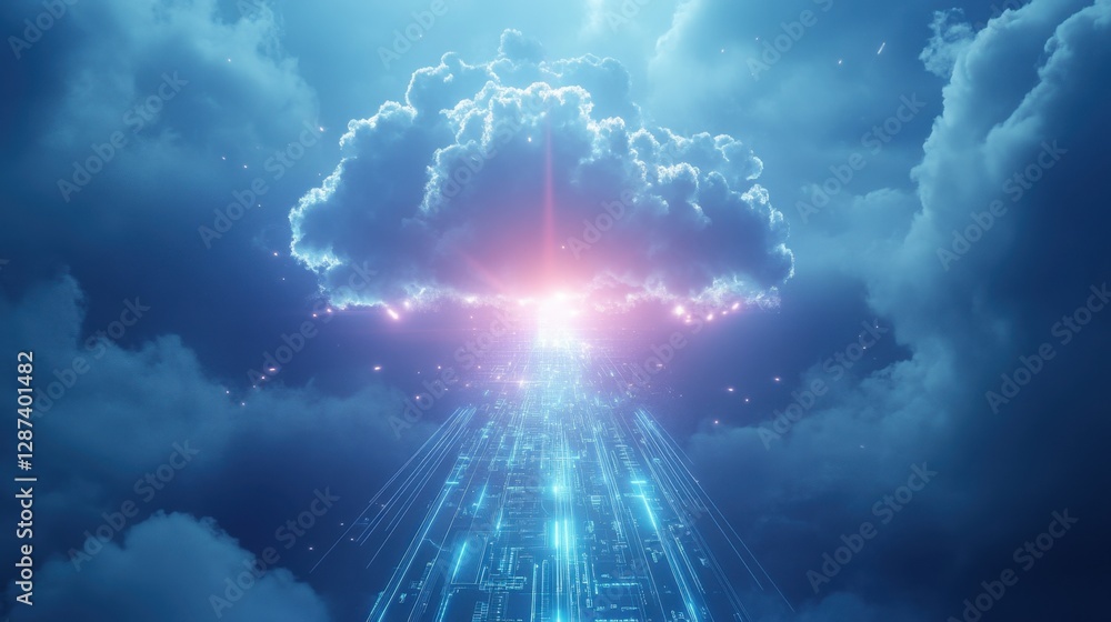 Poster microchip emitting light beams with a cloud hovering above, symbolizing data processing and storage