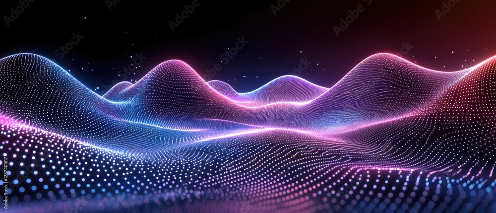 Poster digital landscape with vibrant neon colors and glowing dots creating a futuristic and abstract terra