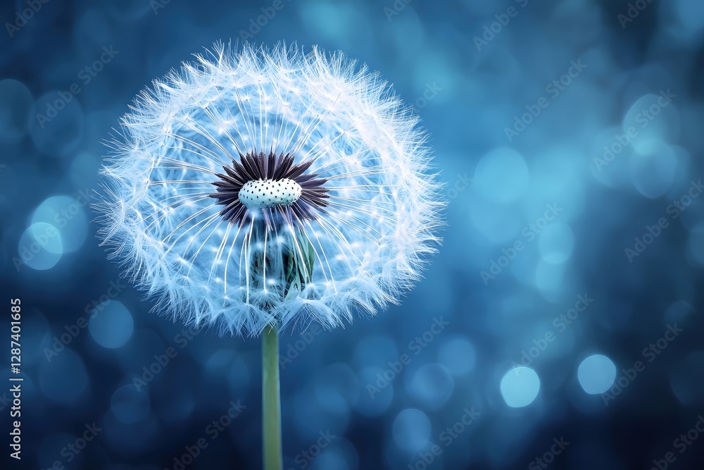 Poster dreamy dandelion seed head against a soft blue bokeh background in a macro close up shot creating a 