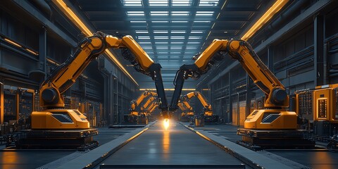 Industrial Robots Welding in Modern Factory