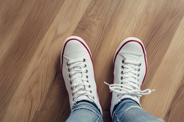 Selfie of Feet in Fashion Sneakers on Wooden Floor Background,Top View with Copy Space