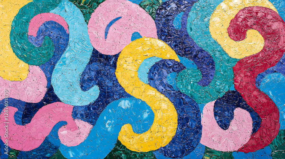 Poster abstract painting featuring a variety of colorful geometric shapes and patterns on a canvas backgrou