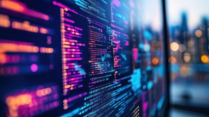 Abstract digital code on a screen with city backdrop.
