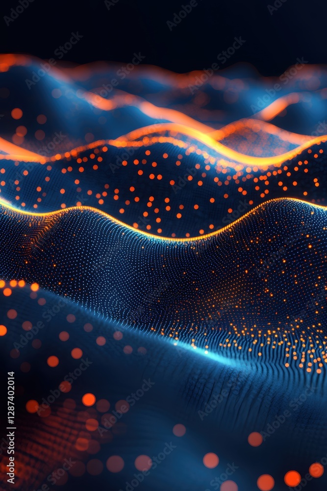 Poster abstract digital landscape with glowing particles dynamic wave pattern and futuristic technology bac