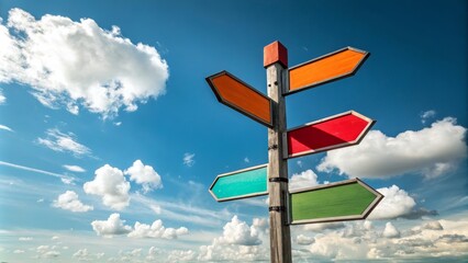Colorful Wooden Signpost Against Blue Sky, Multidirectional Arrows, Choice Concept, Cloudy Background Signpost, Direction