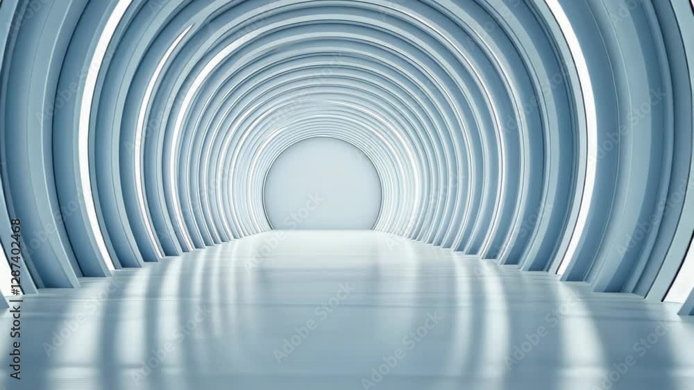 Poster futuristic white tunnel with arched illumination and minimalist design for modern architectural conc