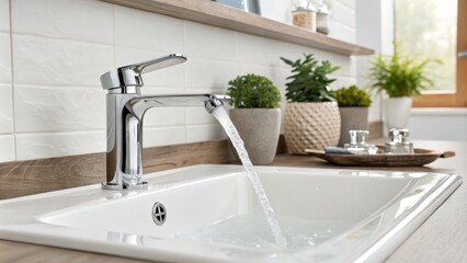 Fototapeta premium Modern Chrome Faucet in White Ceramic Sink, Water Flow, Minimalist Bathroom Design, Bathroom Decor Bathroom Faucet, Interior Design