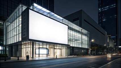 Obraz premium Night Cityscape Billboard Mockup Large Blank Ad Space on Modern Building, City Street at Night, Advertising Concept. Billboard, Advertising