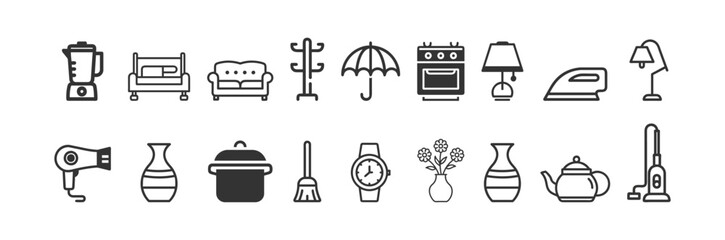 Set of household appliance and furniture line icons isolated on white background
