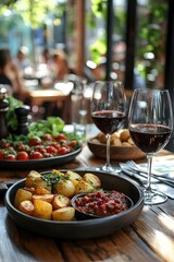 Exquisite dining experience with roasted potatoes tomato salad and red wine in a restaurant setting for a delightful meal