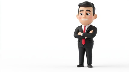 Smiling Cartoon Businessman in Black Suit and Red Tie
