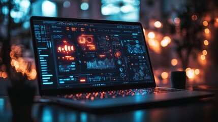 Laptop displaying advanced data interface at night.