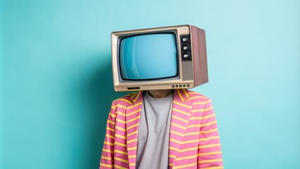 Retro TV Head Pink Striped Jacket, Teal Background