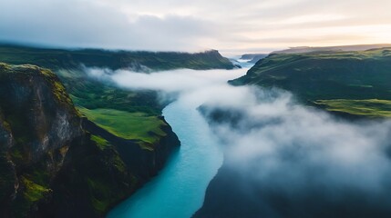 Misty river valley landscape at sunrise.