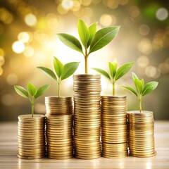 Financial Growth Concept: Plant Growing from Stacks of Gold Coins