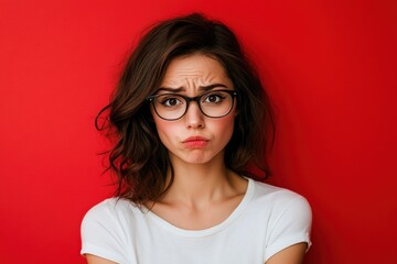 Fototapeta premium A worried woman with glasses showing a concerned expression