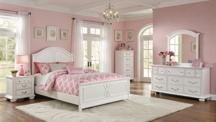 White Bedroom Furniture Set Pink Room, Full Bed, Dresser, Arched Mirror, Girl's Room Decor Girls Bedroom, Bedroom Furniture