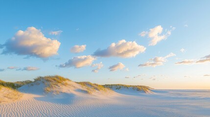 Naklejka premium Serene Sunset Over Soft Sand Dunes with Gentle Cloud Formation
