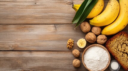 A flat lay of ripe bananas, walnuts, and ingredients for baking, arranged on a rustic wooden surface, showcasing natural textures and colors.