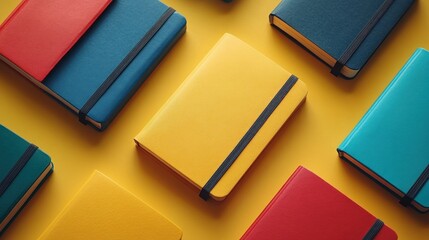 Colorful notebooks arranged on yellow background