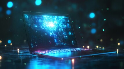 Futuristic laptop computer with glowing display showcasing digital connectivity and modern communication technology in a dark ambient setting – 3d illustration of high-tech innovation, wireless networ