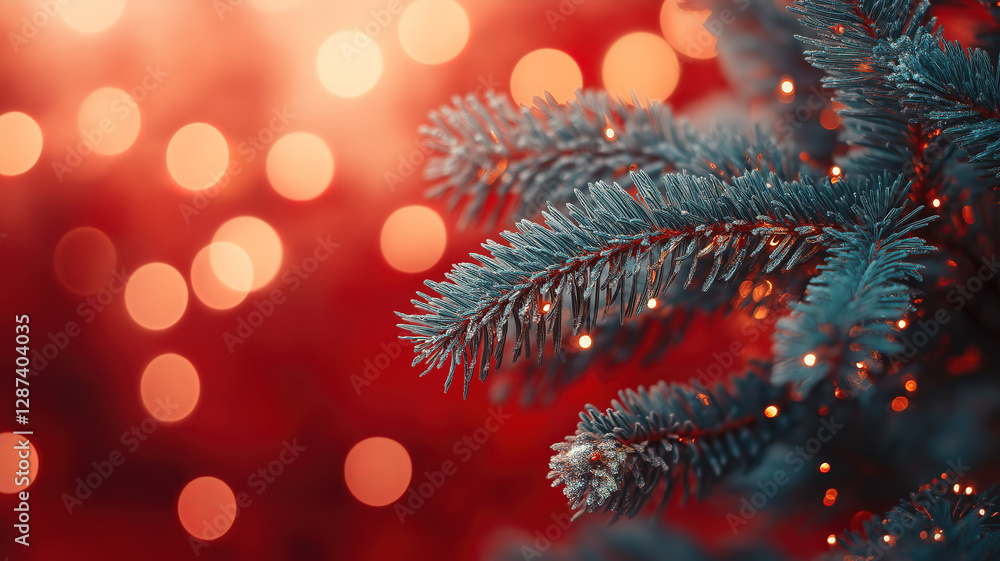 Poster a christmas background featuring a decorated tree with sparkle bokeh lights on a red canvas