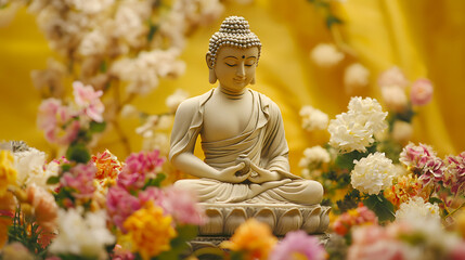 Obraz premium A landscape where a statue of Buddha smiles and meditates among flowers.