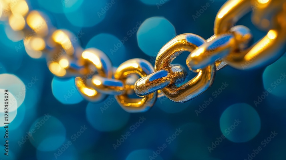 Poster close-up of golden chain links in warm light against a blurred blue and green bokeh background. conn