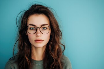 Fototapeta premium A Young Woman Wearing Glasses Looking Straight Into the Camera