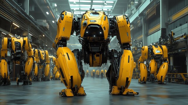 Yellow Robot Army in Industrial Factory Setting