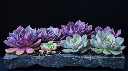 Modern botanical composition of Echeveria succulents in shades of purple on a sleek dark stone base.