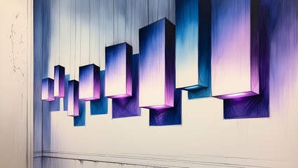 Fototapeta premium Abstract blue background with blue lines in a modern architectural space featuring a corridor, light, columns, and empty room design for office or home concept