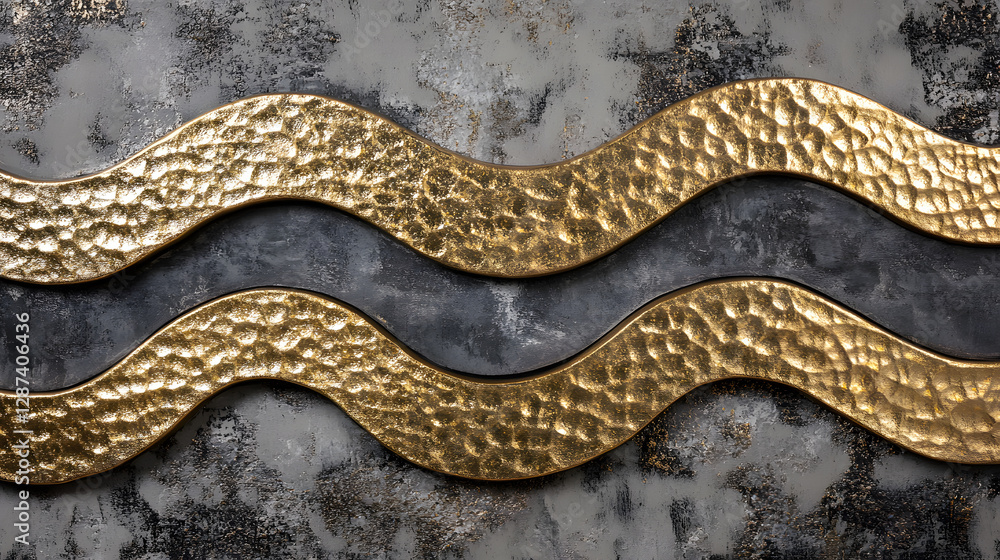 Poster two gold waves gracefully flowing over a textured gray background creating a modern abstract design