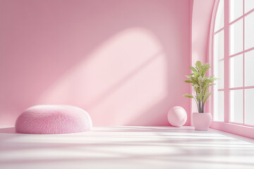 A pink room with a white wall and a pink couch
