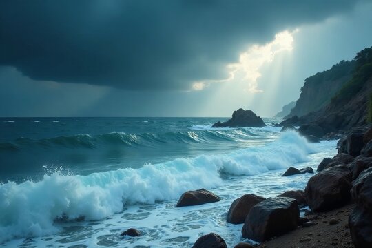 Dramatic waves crashing against rocky shore under a stormy sky in deep sea, nature, stormy, coastline