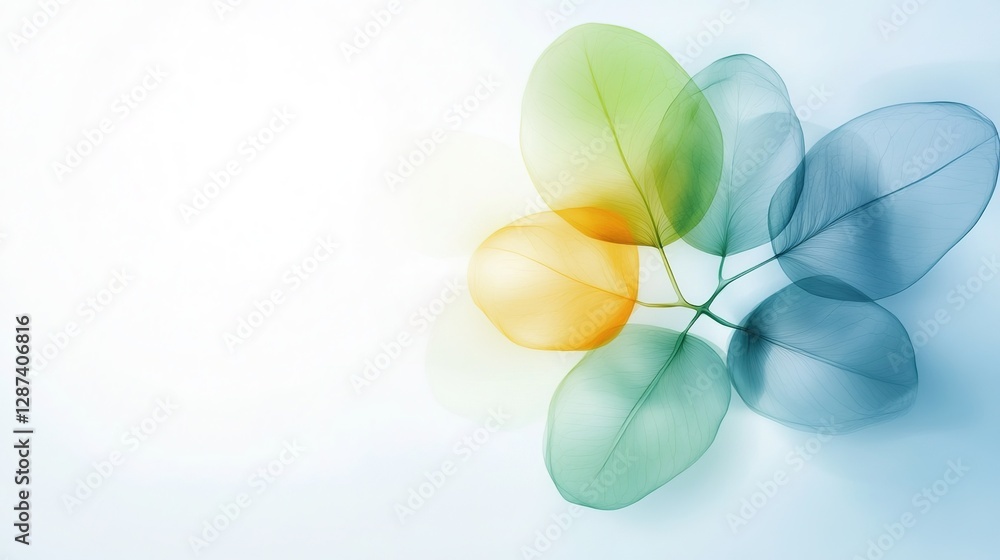 Poster delicate transparent leaves with soft colors on a light background