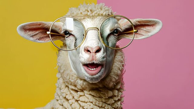 Cute sheep speaking or singing against colorful background expressing surprise and curiosity. Funny animals