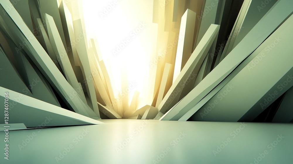 Poster abstract landscape with sharp geometric shapes and light rays