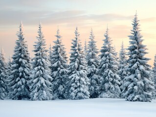 Serene winter wonderland landscape with snow covered fir trees against a soft pastel sky creating a peaceful mood