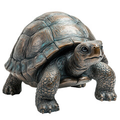 Obraz premium A bronze turtle statue is standing on a white background. The statue is of a small size and has a serious expression on its face. The statue is made of bronze