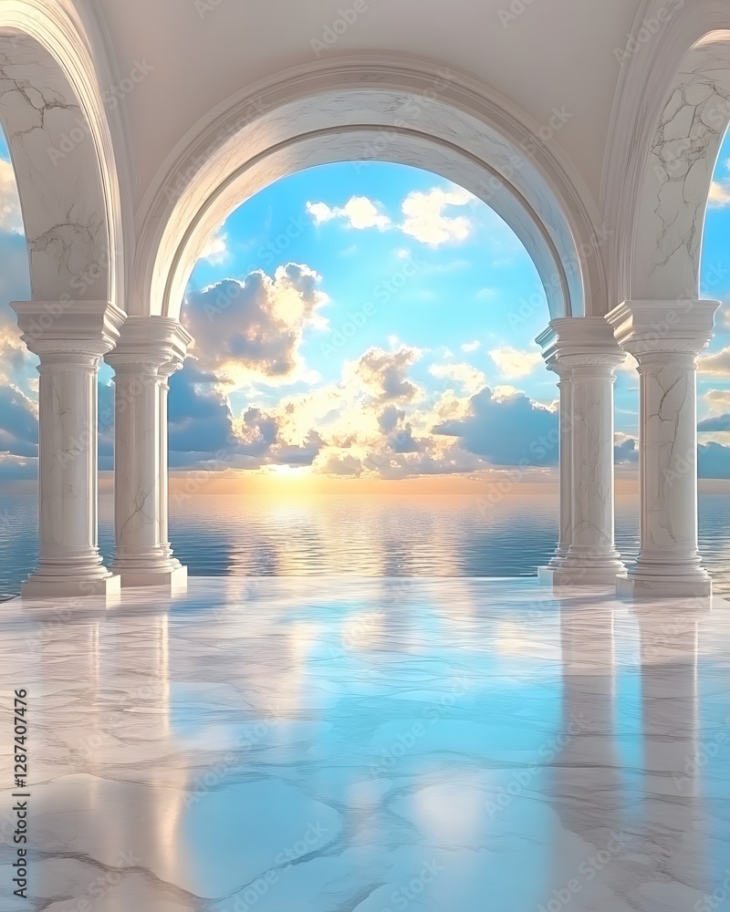 Aufkleber serene marble colonnade framing a tranquil ocean sunset with soft clouds and reflections creating a 