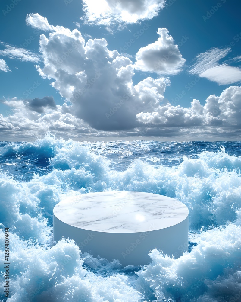 Poster elegant marble podium on ocean wave backdrop under cloudy sky perfect for product display and cosmet