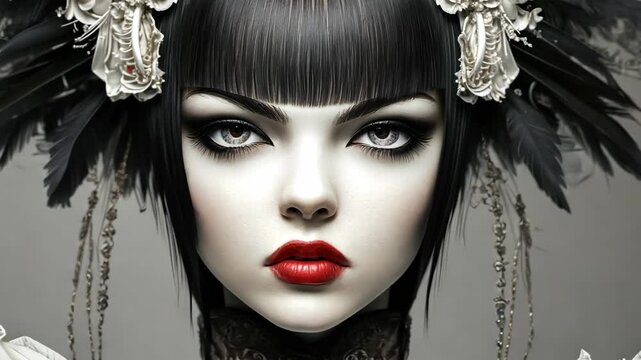 Dramatic portrait of a woman with striking features and elaborate headpiece in a monochromatic color scheme