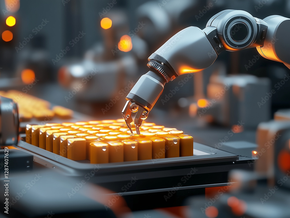 Poster close up view of sleek robotic arm interacting with glowing batteries in high tech environment, show