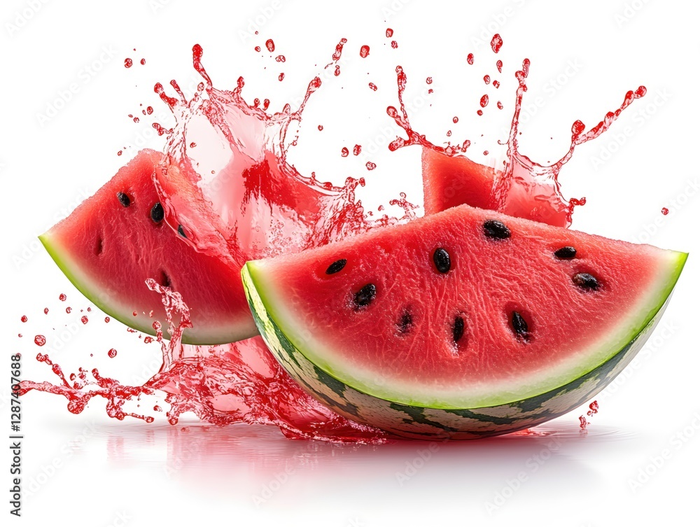 Poster slices of refreshing watermelon with a vibrant splash of juice on a clean white background for summe