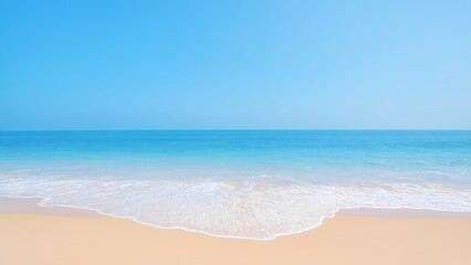Serene sandy beach with crystal clear turquoise waters, calm waves, and a peaceful sky