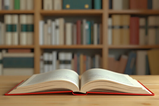 book with open pages, close up, books on the shelf in school, open book on wooden table. back to school concept. 3d rendering.